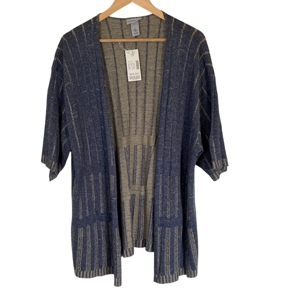 Catherines Womens Lightweight Cardigan Sweater Size‎ 2X Blue Tan 3/4 Sleeve